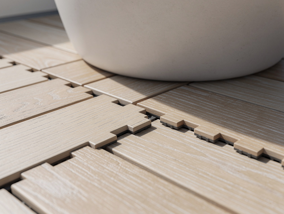 Close-up editorial detail of interlocking light wood-look deck tiles meeting a l