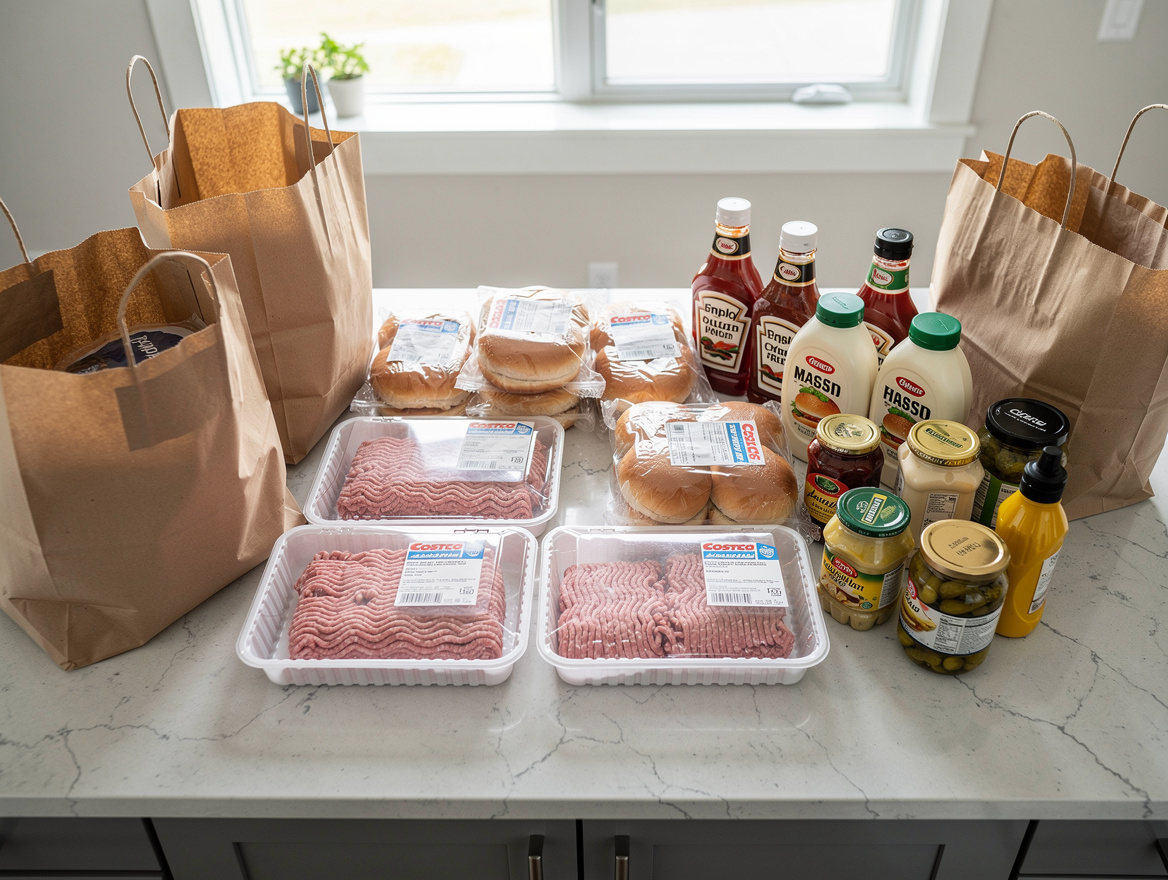 realistic overhead photo of a Costco-style shopping haul on a kitchen counter, b