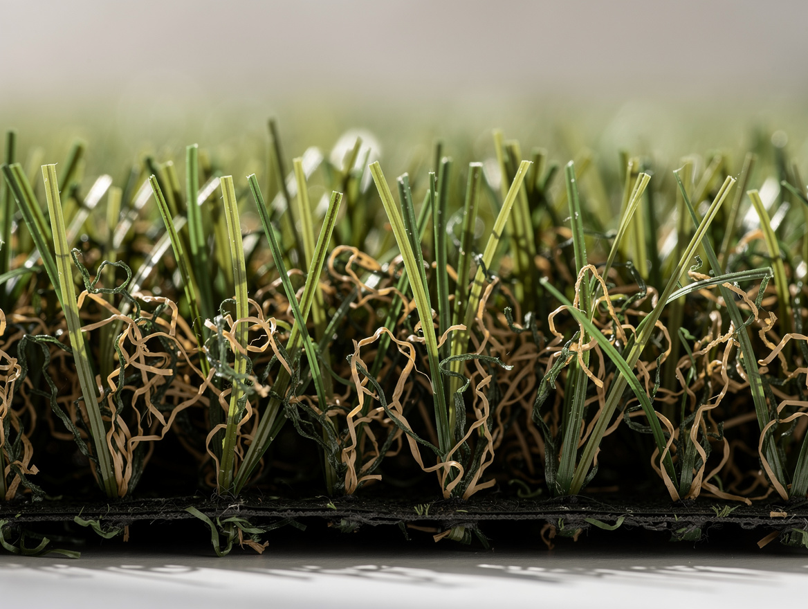 realistic close-up photo of artificial turf fibers showing multi-tone green and