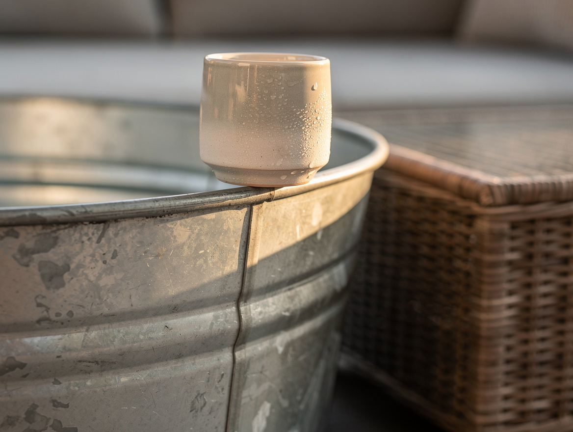 Close-up detail shot of a galvanized stock tank edge with a ceramic drink on the