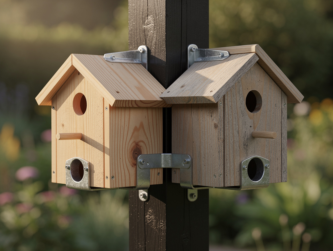 close-up detail of five staggered birdhouses on black painted post, galvanized b