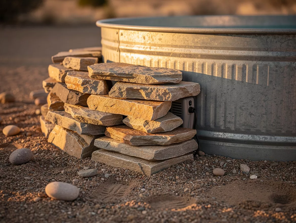 Detail shot of stacked flat rocks hiding a pool pump at the base of a galvanized