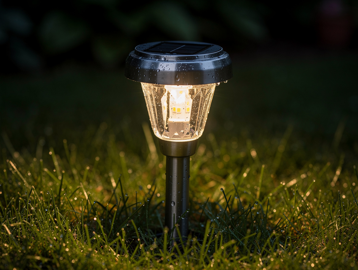 Close-up detail of a stainless steel solar path light stake with glass lens, war