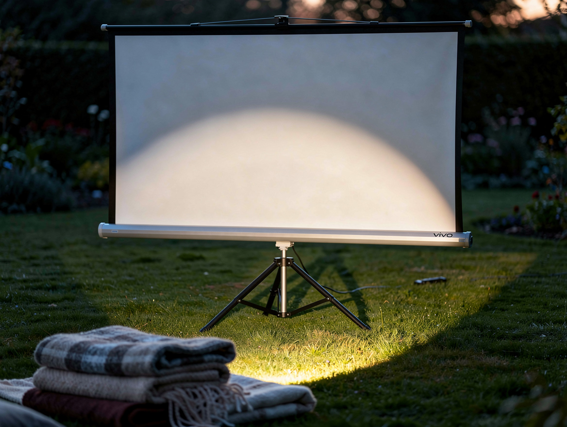 Close-up of a VIVO tripod screen with a projector beam visible in soft dusk ligh
