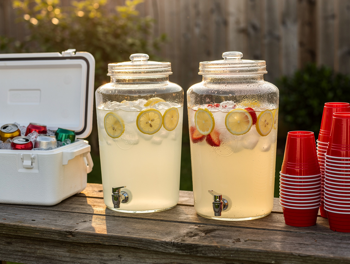 Close-up editorial photo of a self-serve backyard drink station with two plastic
