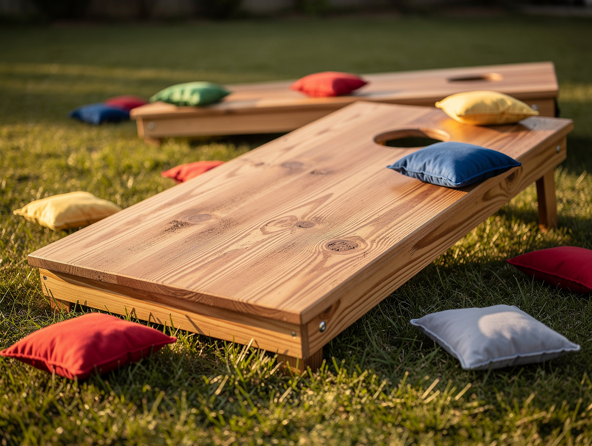 Close-up editorial photo of regulation cornhole boards on a backyard lawn, wood