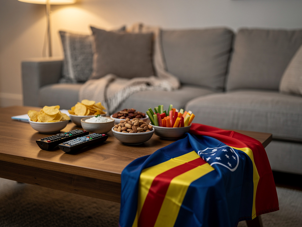 Close-up editorial photo of a home World Cup party setup with a low coffee table