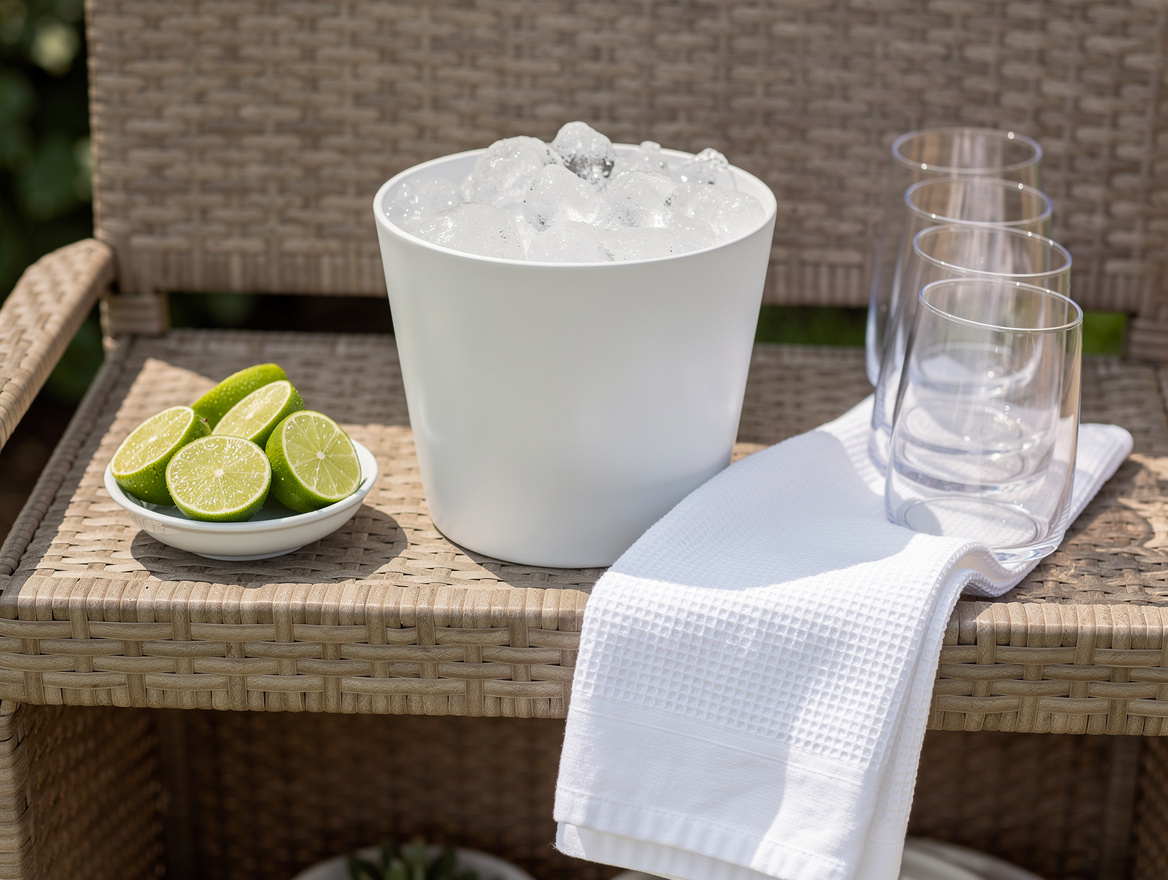 Realistic close-up editorial photo of an outdoor bar cart shelf with a white ice