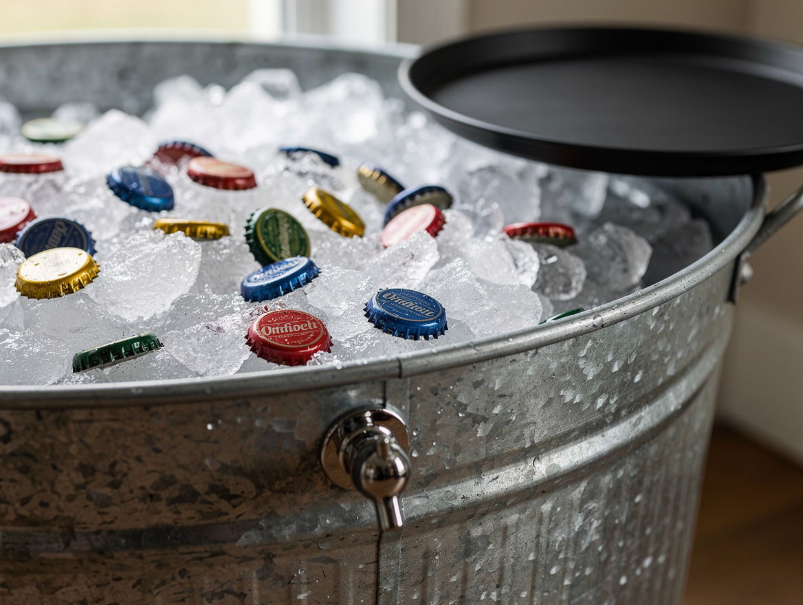 Close-up detail photo of a galvanized stock tank ice bar with ice, bottle caps,