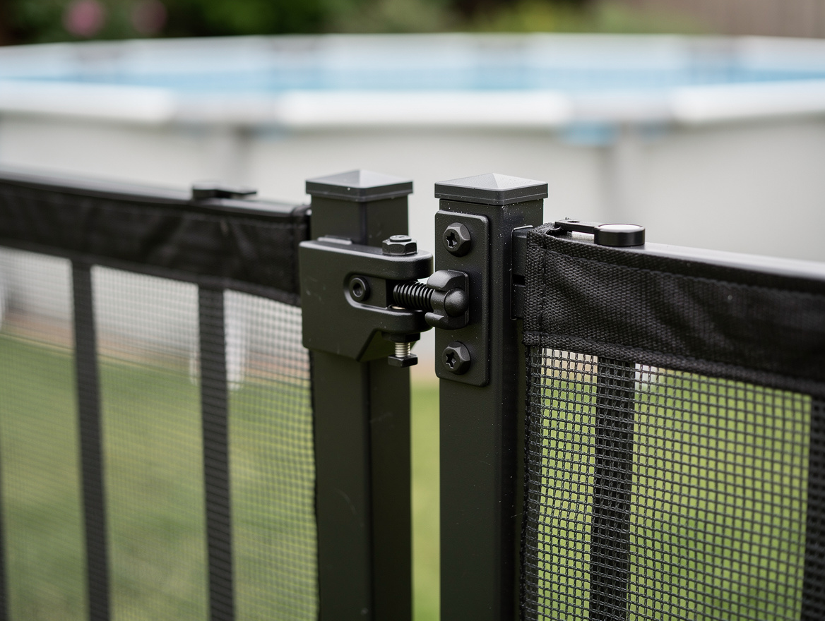 Close-up editorial photo of a self-closing pool gate latch on a mesh fence besid