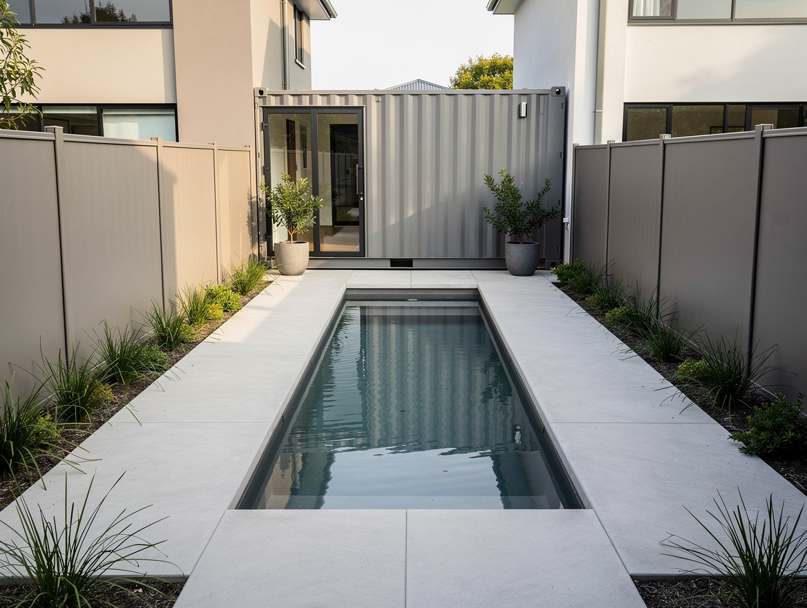 Medium shot of a narrow modern backyard with a rectangular shipping container po