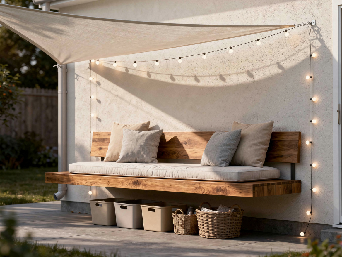 medium shot of a floating wood bench with outdoor cushions against a house wall,