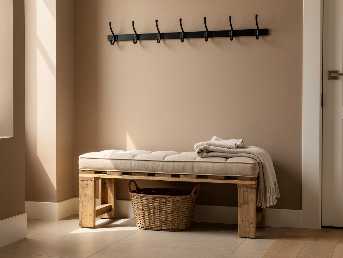 Medium shot of an entryway with a pallet bench, upholstered seat cushion, black