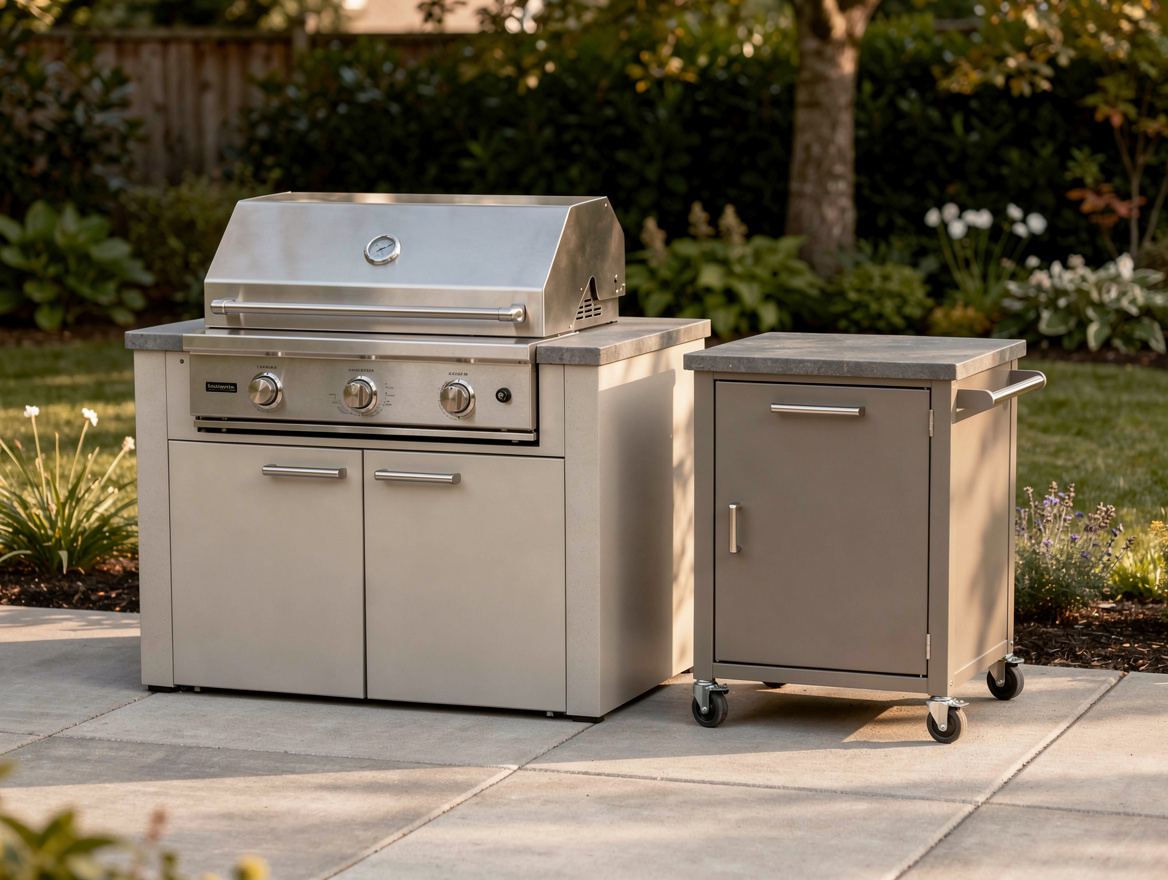 Medium shot of a small modular outdoor kitchen with separate grill station and r