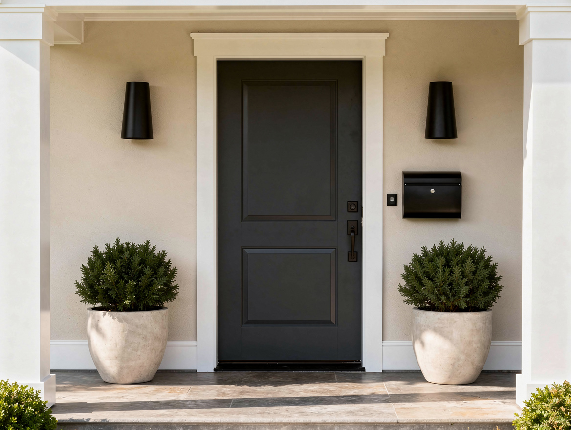 Medium shot of a front porch with oversized black wall sconces, matching mailbox