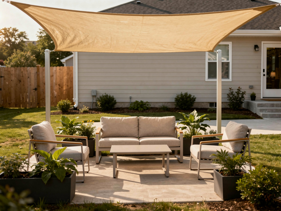 Medium shot of a compact backyard seating area under a 10x10 shade sail, light o