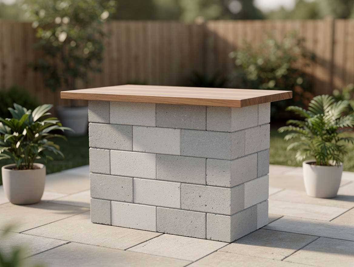 Medium shot of a compact outdoor bar made with stacked concrete blocks and a woo