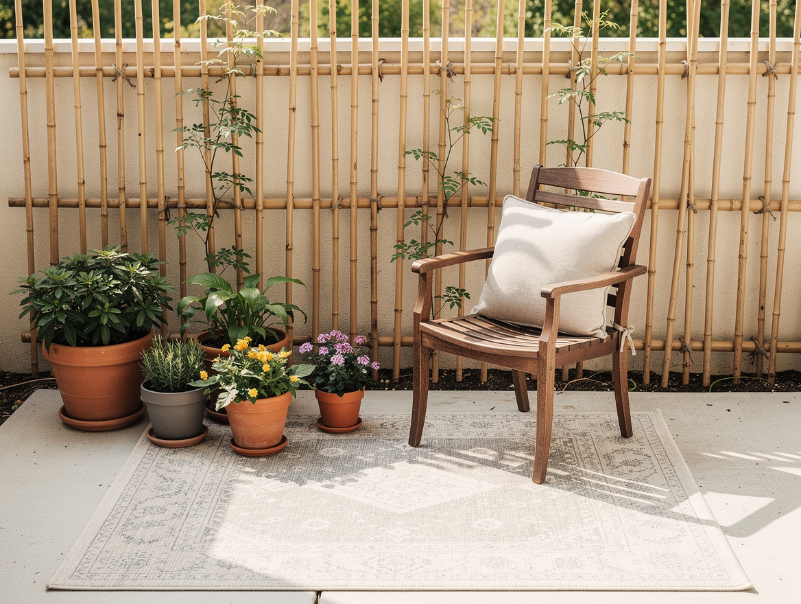 Medium shot of a small 8x10 patio with a simple bamboo trellis, thrifted chair,