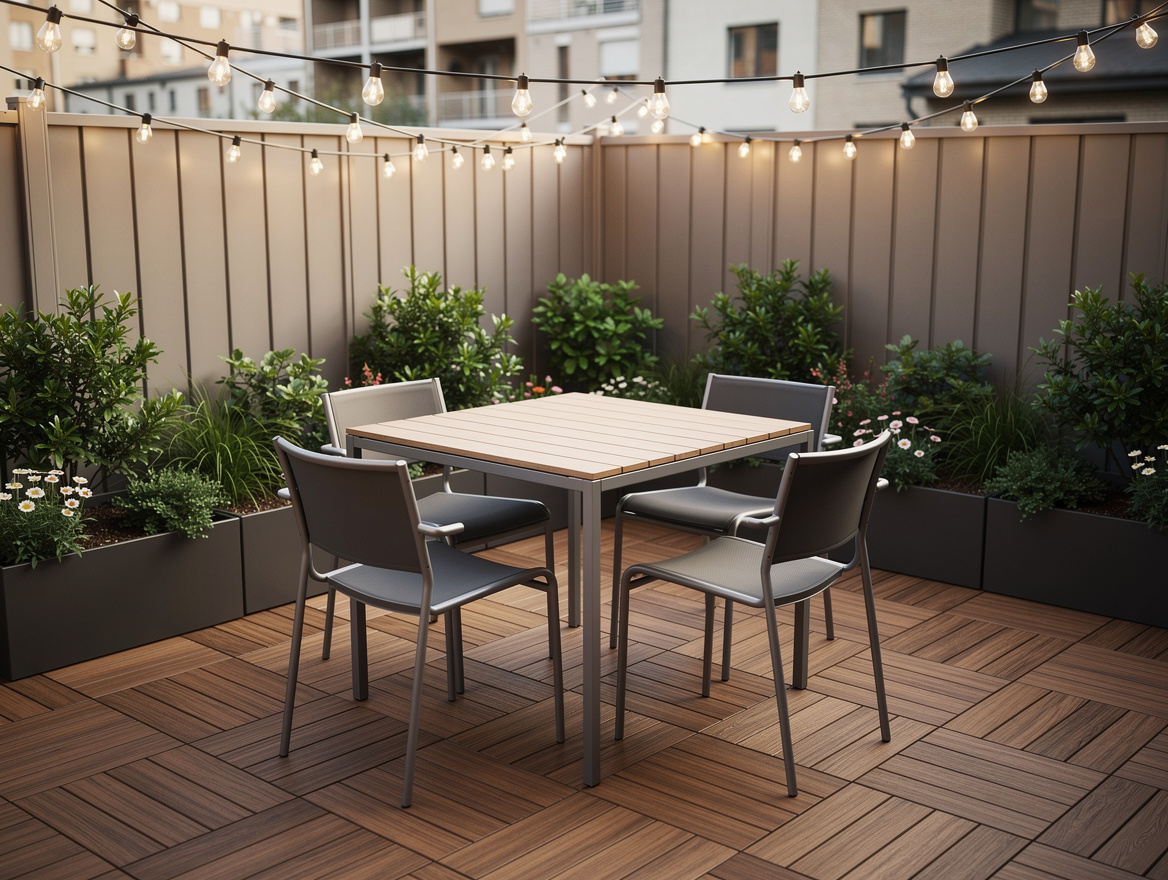 Mid-range realistic photo of a compact patio corner with interlocking deck tiles