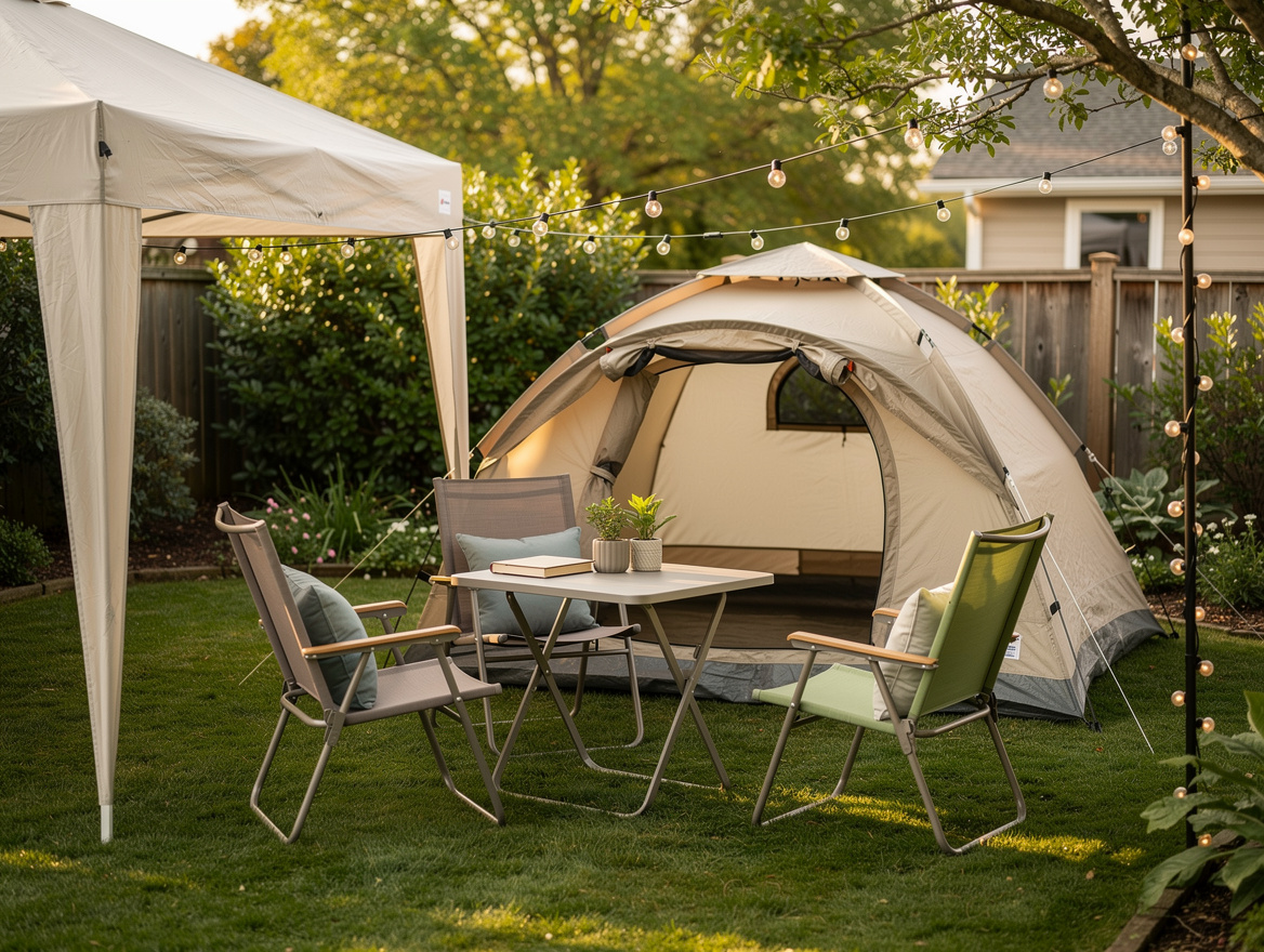 Medium shot of a backyard base camp with a dome tent, 10x10 canopy, folding tabl
