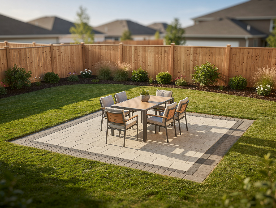 Medium shot of a 13-by-20-foot paver patio with dining area, small lawn zone, an