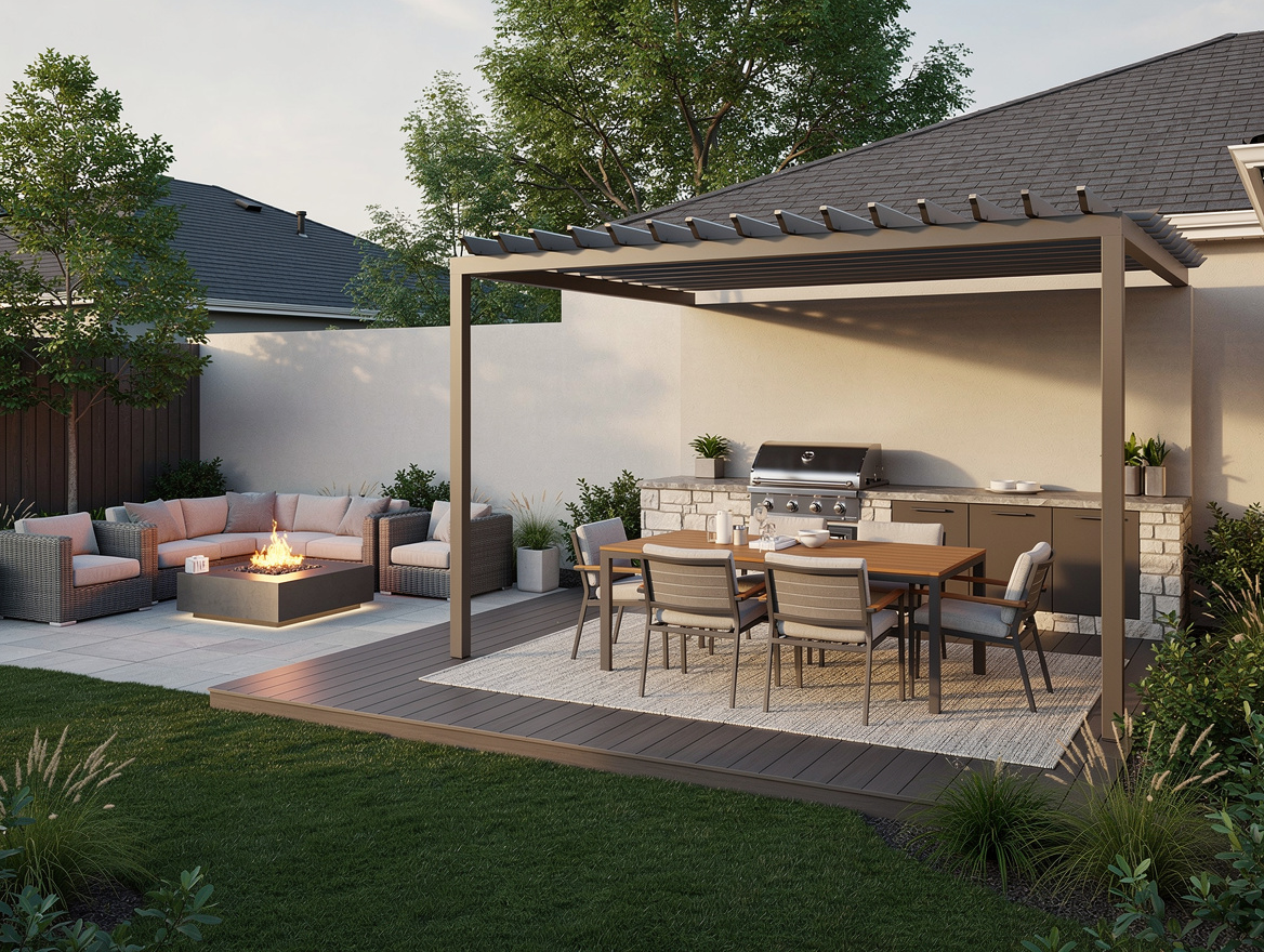 Medium shot of a zoned backyard with covered dining area, lounge zone with fire