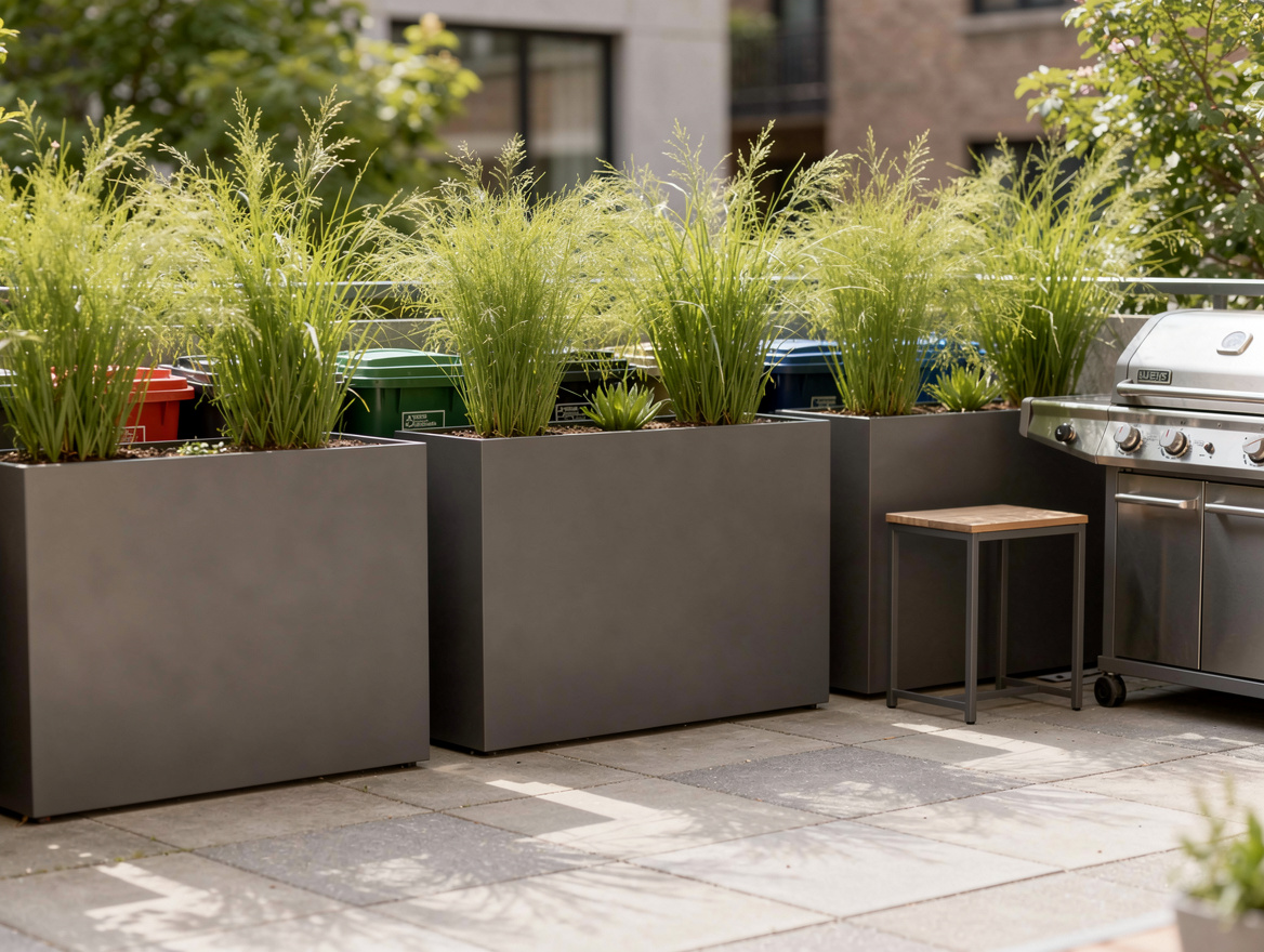 Medium shot of tall trough planters forming a renter-friendly privacy wall in fr