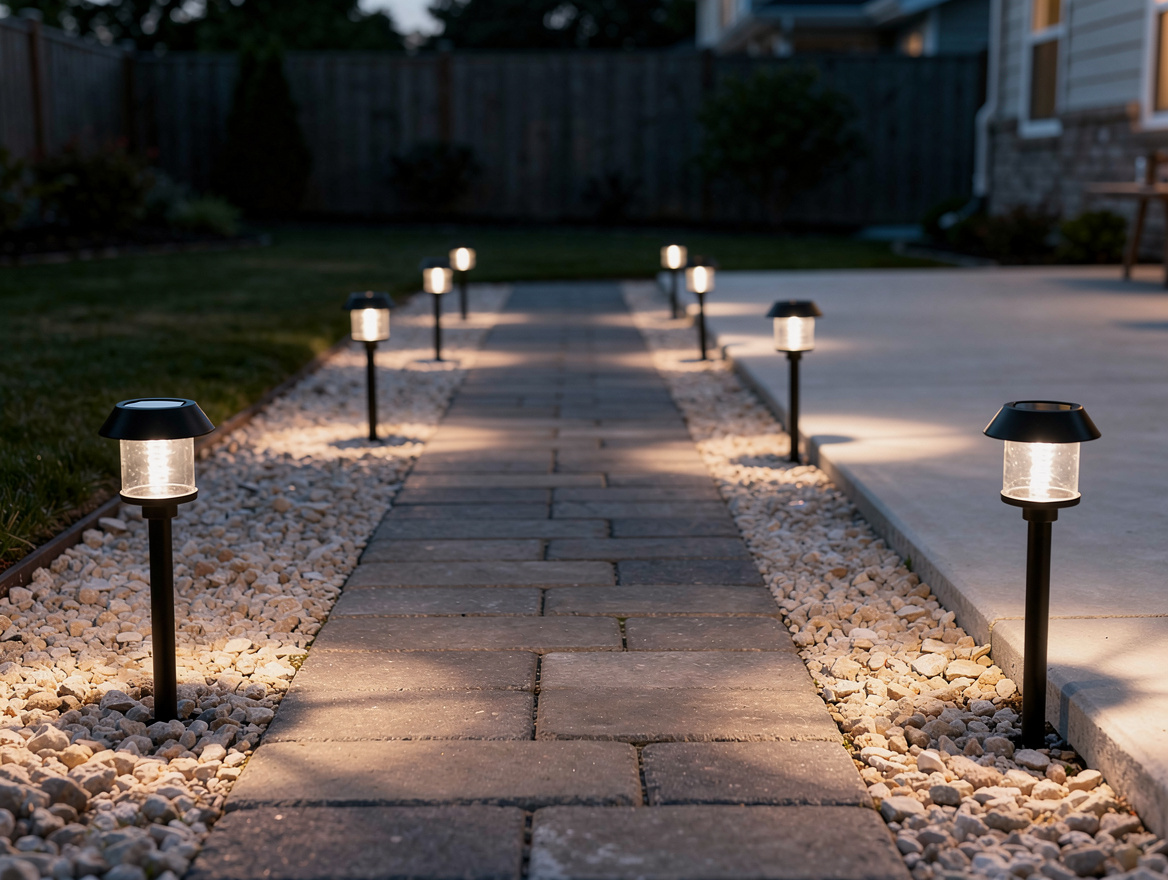 Medium-shot photo of a rental backyard path with evenly spaced black metal and g