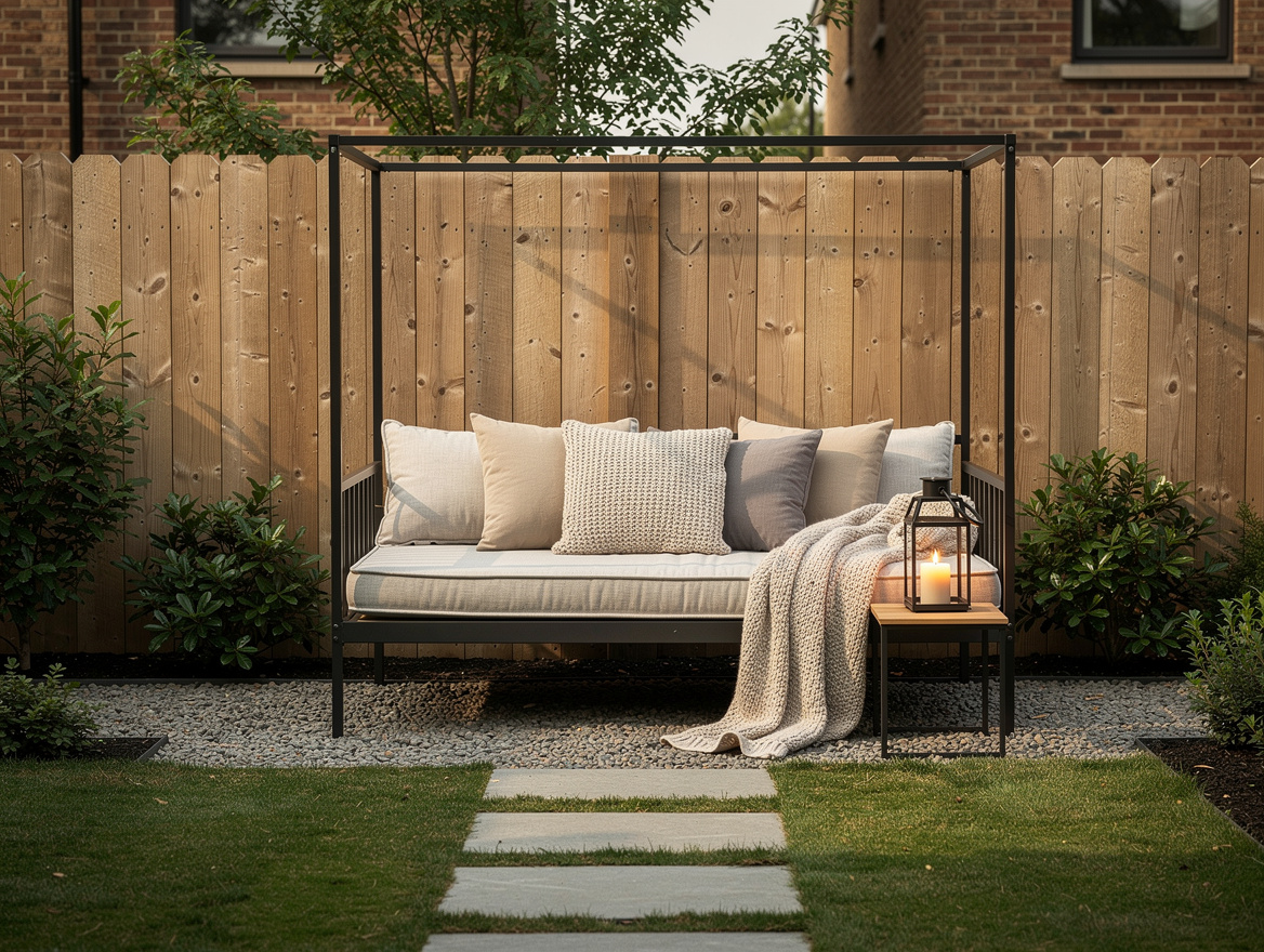 Medium shot of a compact backyard daybed against a fence, simple canopy frame, n