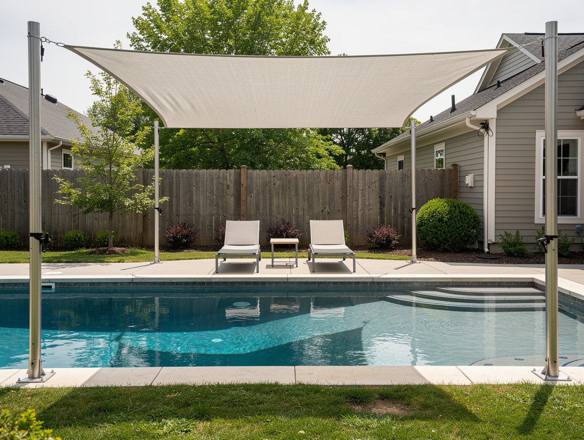 Medium shot of a backyard pool with a rectangular breathable shade sail covering