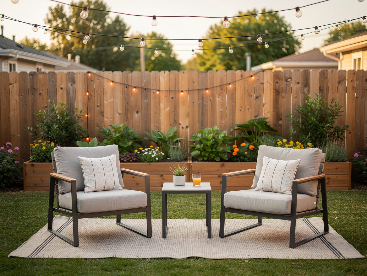 Medium shot of a small American backyard seating area with two chairs, side tabl