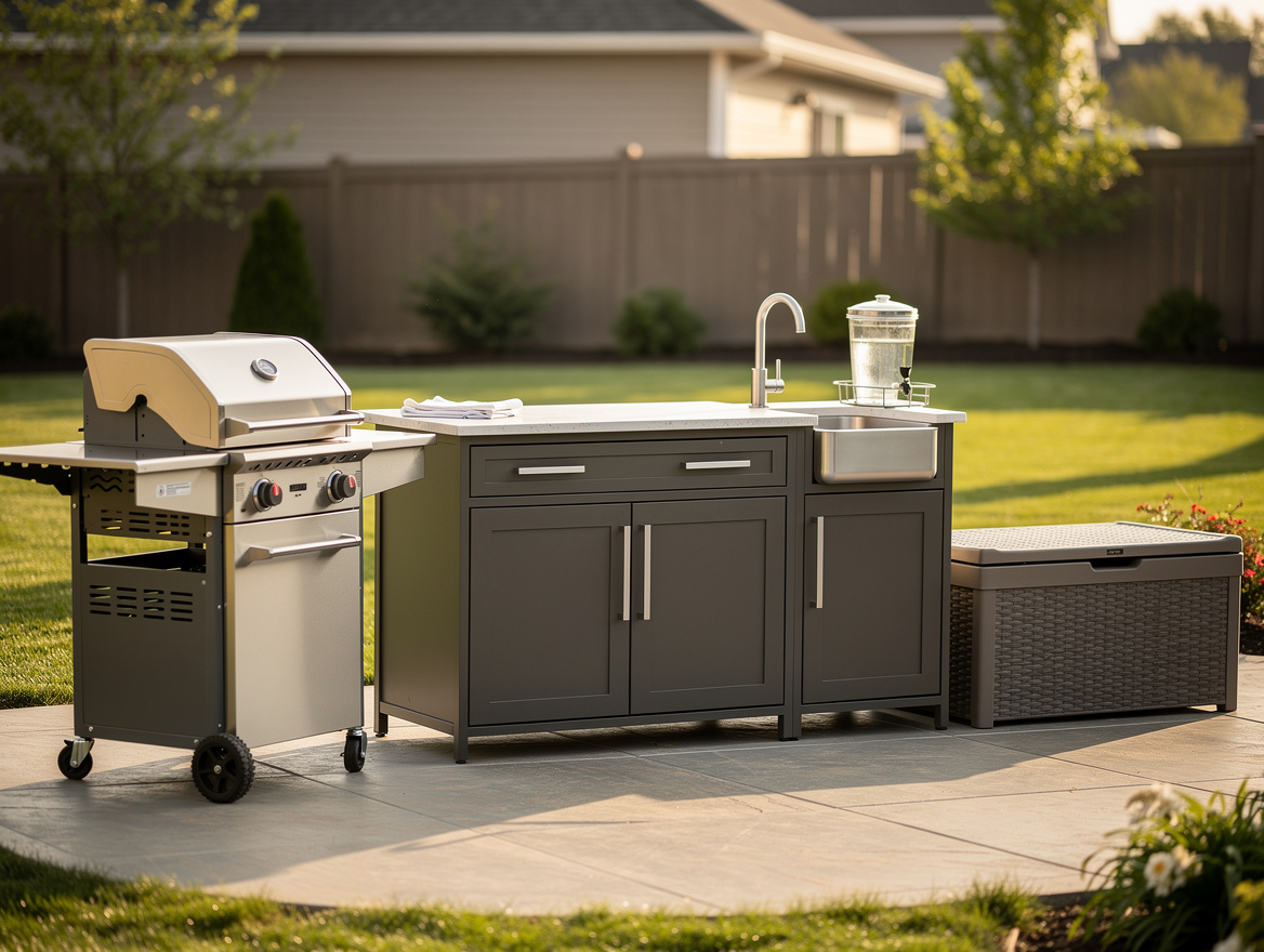Medium shot of a freestanding backyard outdoor kitchen with utility cabinets, co