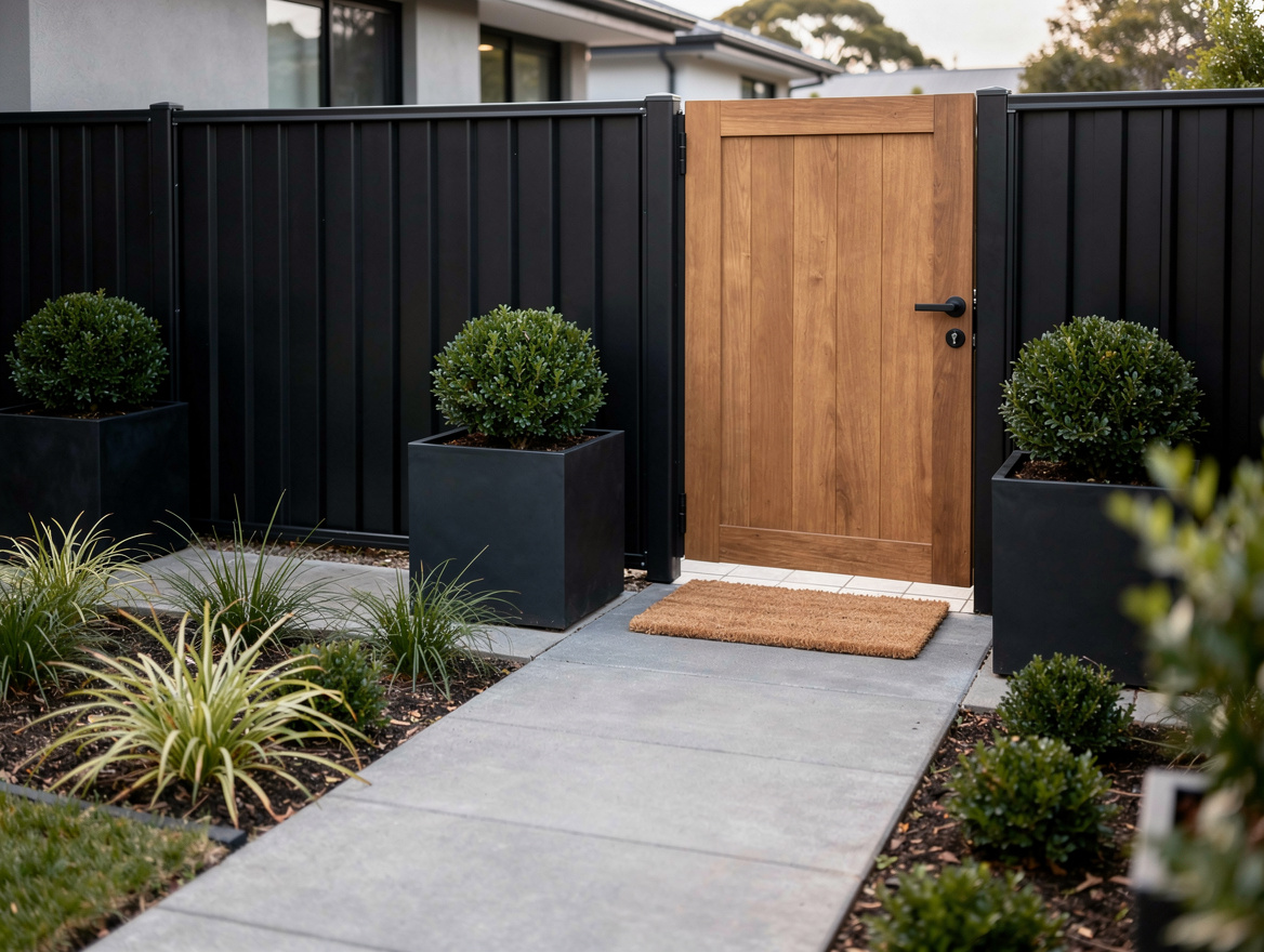 Medium shot of a side yard walkway with black planters, compact greenery, coir d
