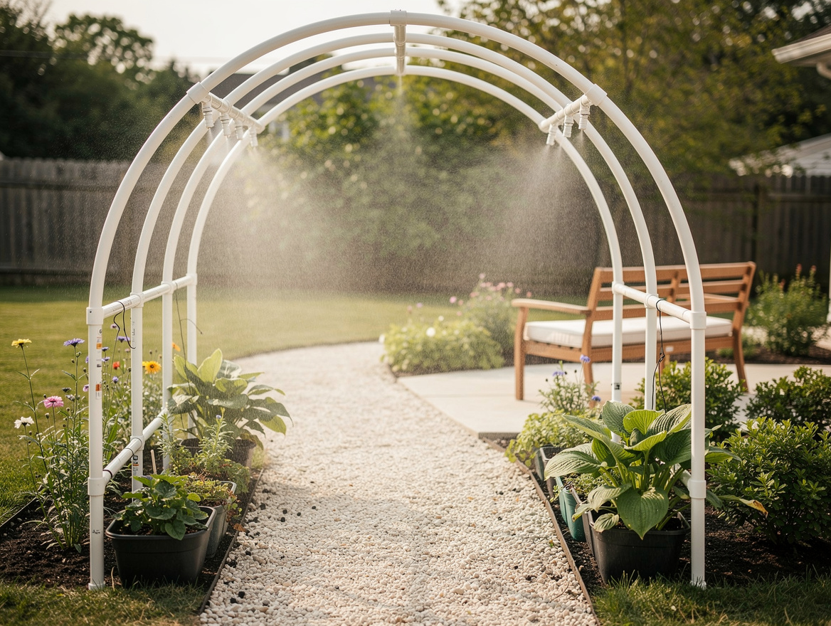 Medium shot of a DIY misting arbor built over a narrow gravel path with planters