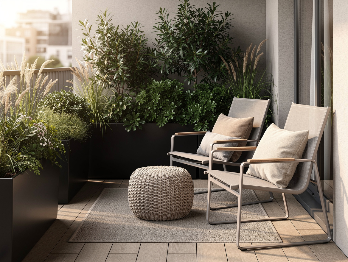 Medium shot of a narrow apartment balcony with two slim lounge chairs, one outdo