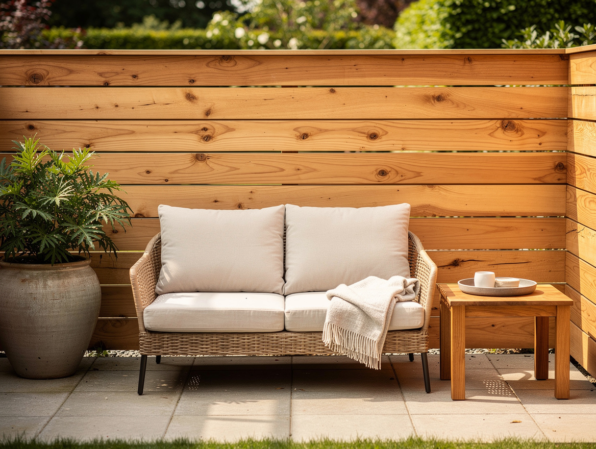 Medium shot of a compact backyard seating zone with a low wicker loveseat, acaci