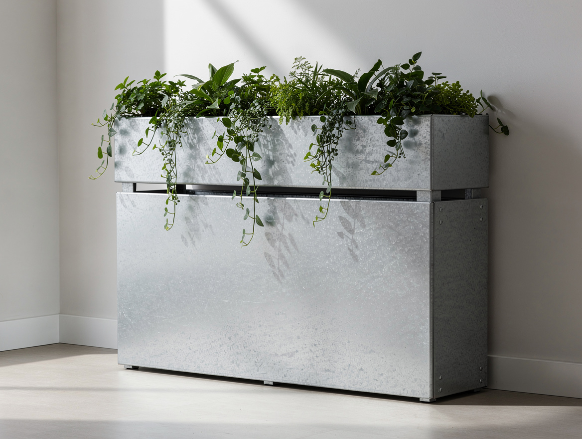 medium shot of galvanized steel AC cover with integrated planter box containing