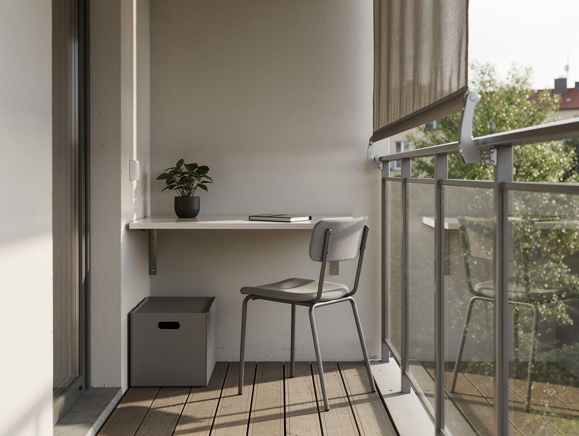 Realistic medium-shot photo of a narrow balcony workspace with a compact chair,