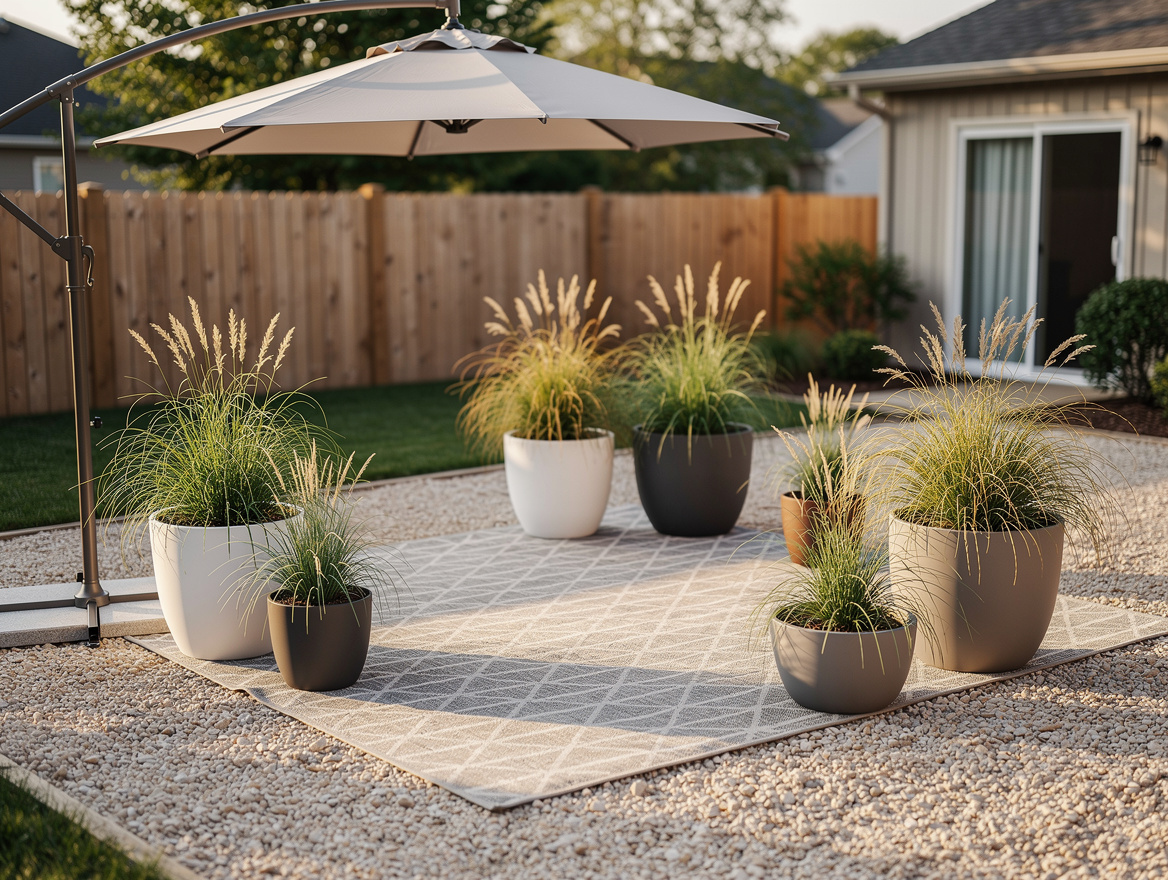Medium shot of a backyard corner makeover with pea gravel, a 9-by-12 outdoor rug