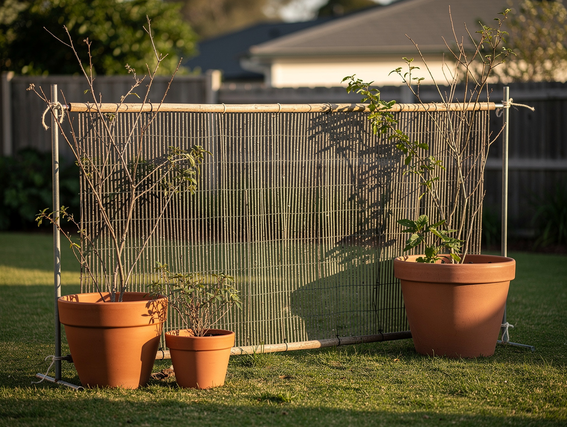 Medium-shot backyard scene with a bamboo roll screen tied to planters and metal