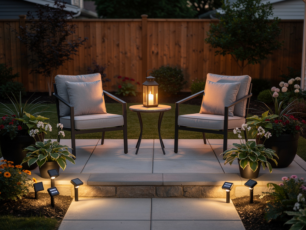 Medium shot of a compact patio with two chairs, small table, black metal lantern