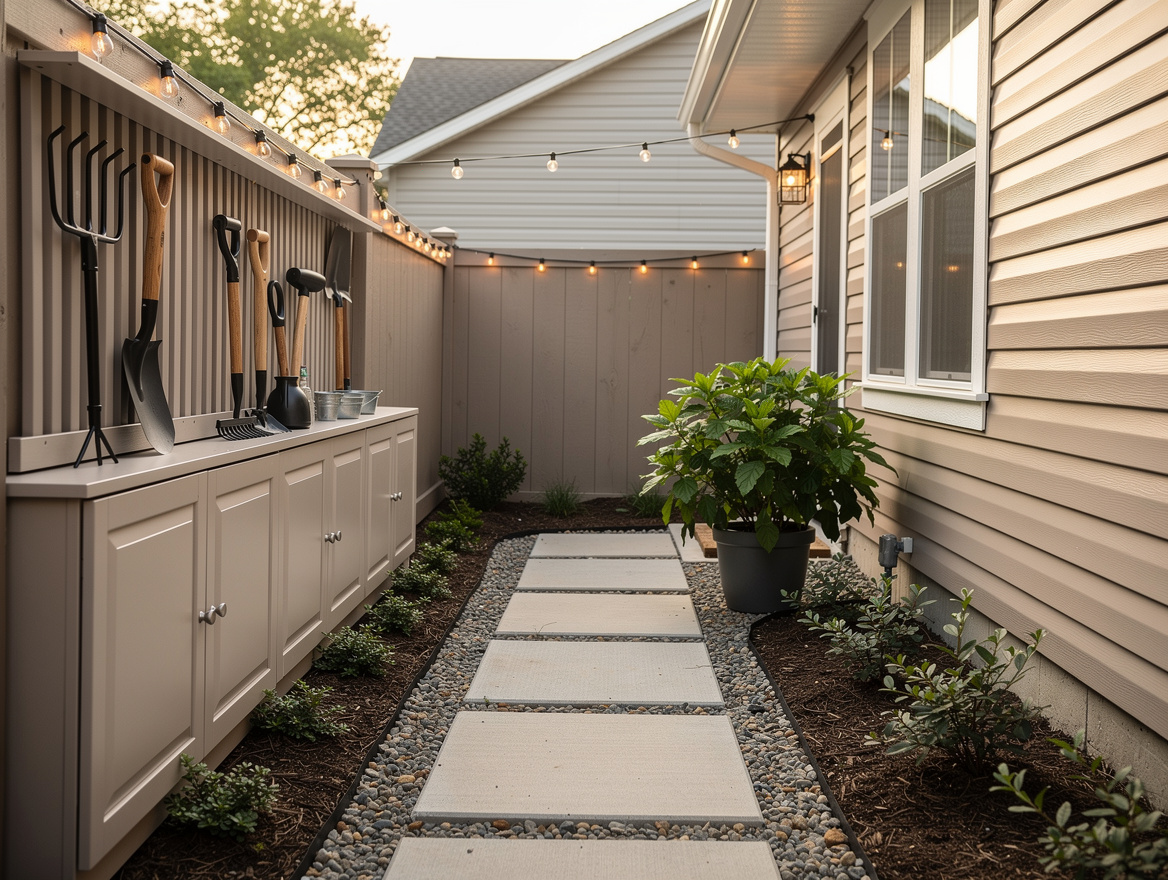 Medium shot of a narrow side yard makeover with one vertical storage wall, clean