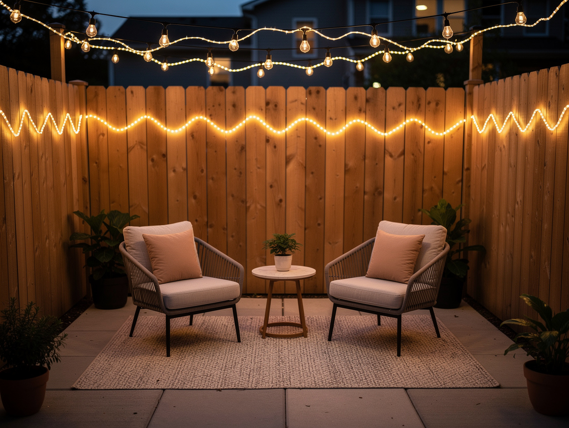 Medium shot of a compact 8x10 patio with zigzag string lights overhead, two chai