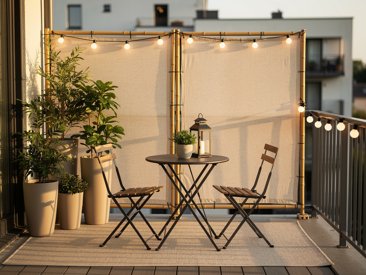 Medium shot of a renter-friendly patio setup with foldable bistro set, freestand