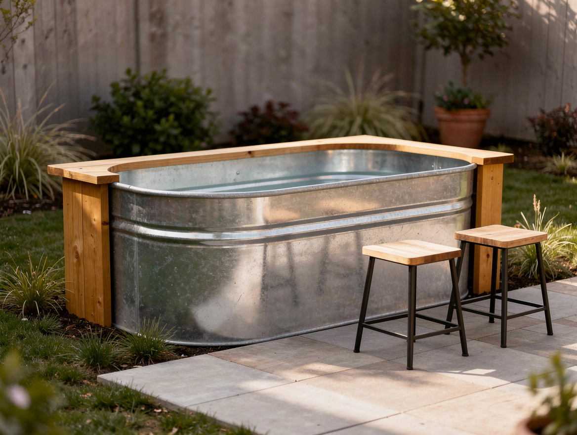 Medium shot of a galvanized stock tank plunge pool with cedar edging and simple