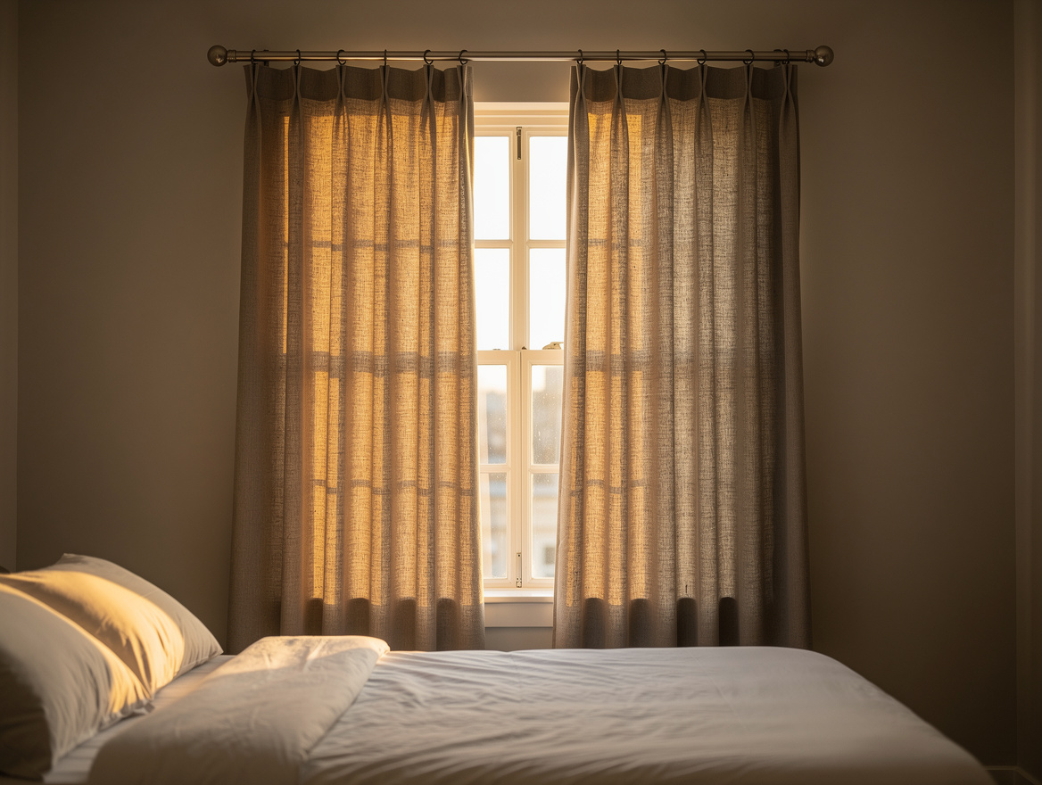 Realistic medium shot of a rental bedroom window with a steel tension rod and be