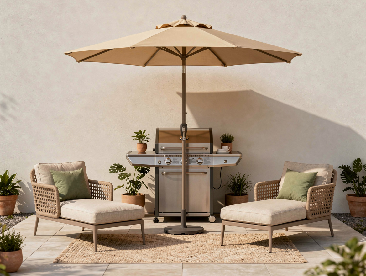 Medium shot of a tiny patio cooking area with a 7.5-foot sand umbrella shading a