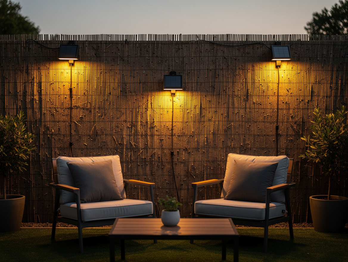 medium shot of backyard seating zone with layered solar lights against textured