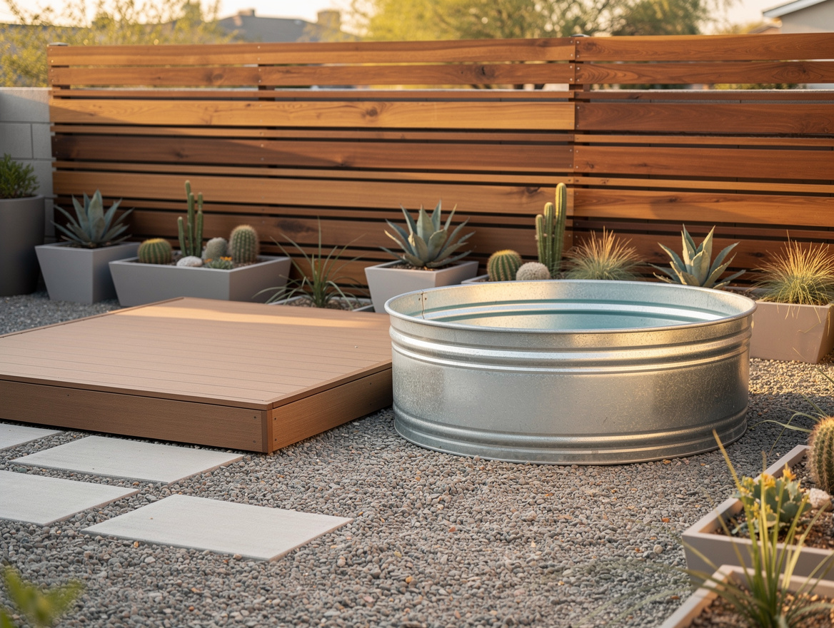 Medium-shot backyard scene with an 8-foot stock tank pool, decomposed granite, c