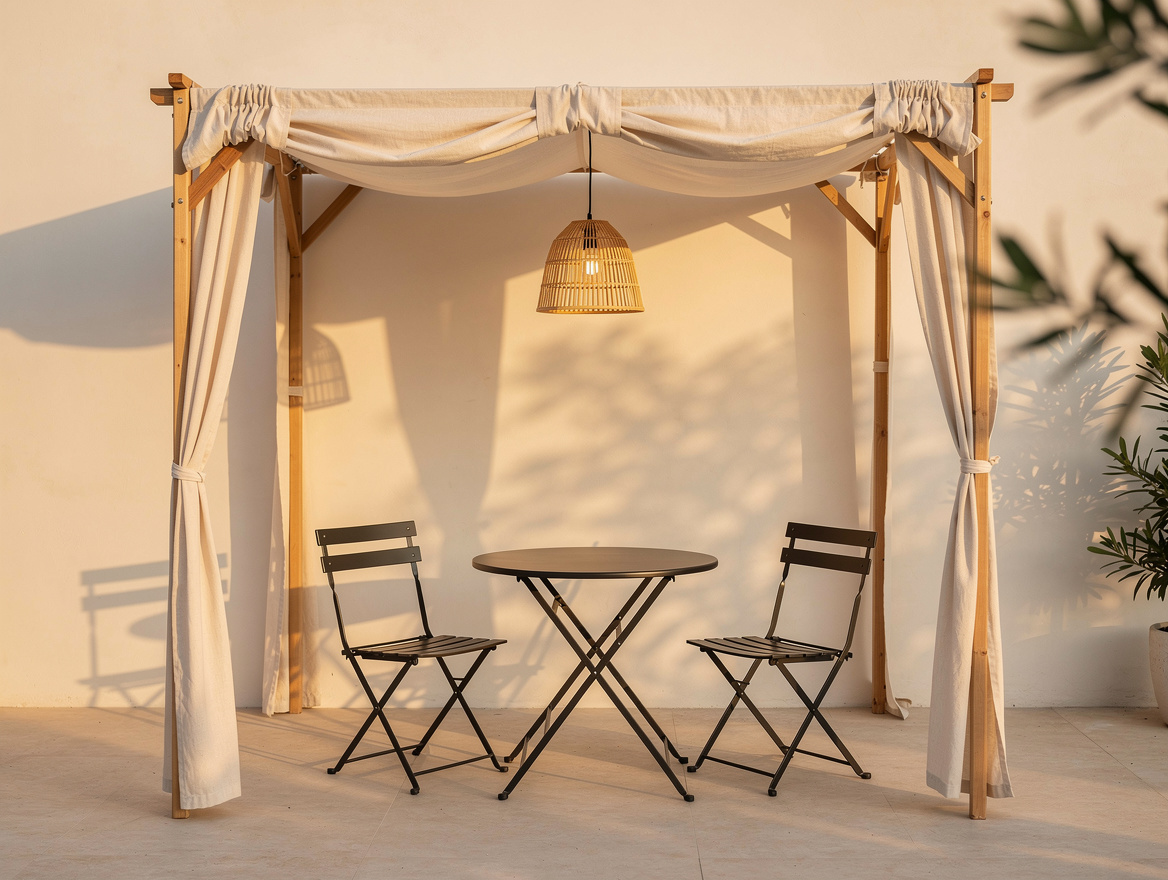 medium shot of patio corner with canvas drop cloth canopy draped over simple fra